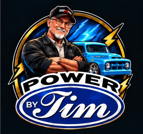 Power By Tim's original blue oval logo with Tim and his custom truck in a lightning badge