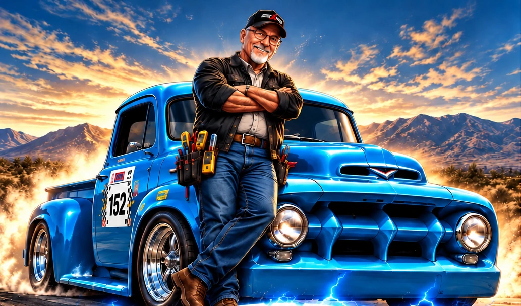 Tim Murray leaning on his blue vintage racing truck, number 152, in a dramatic mountain sunset