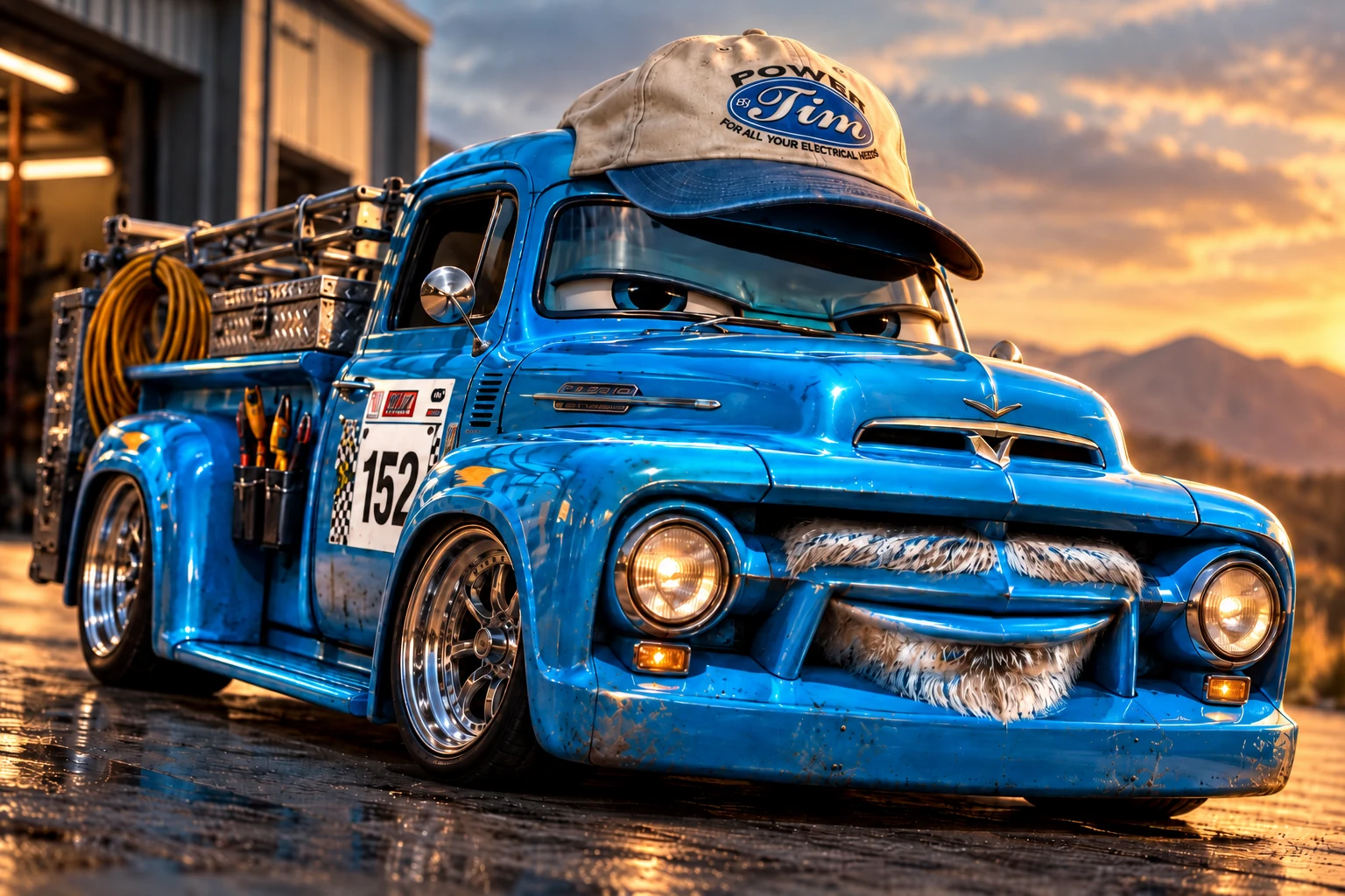 The Power By Tim living hot rod mascot featuring race number 152, Tim's company hat, and his signature personality