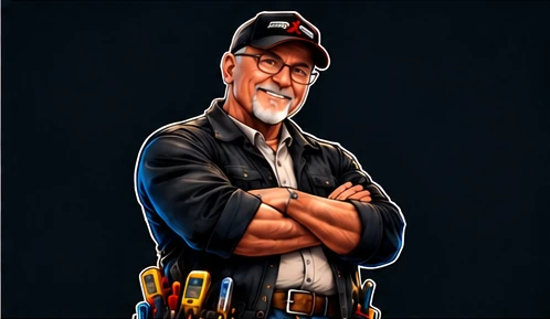 Illustrated portrait of Tim Murray, smiling with his arms crossed and electrician tools on his belt